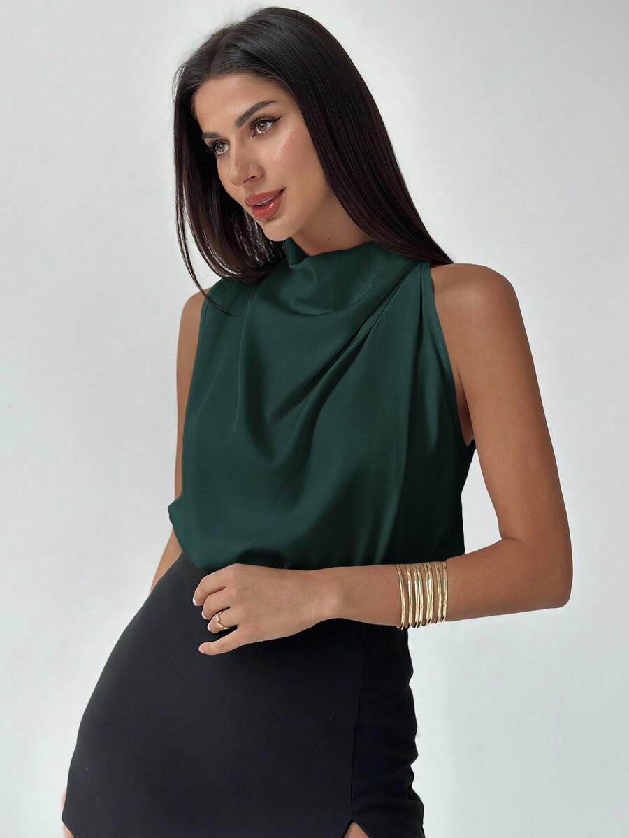 Firerie 女士优雅时尚新款通勤办公日常度假音乐节不对称褶皱杏色衬衫,春夏款 - 墨綠色 - 查看 1