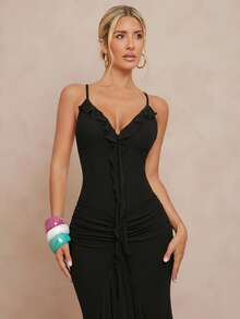 Lumalex Đầm ôm sát eo kiểu đuôi cá với dây đeo mảnh và viền bèo nhún dành cho nữ - màu đen - Xem 6