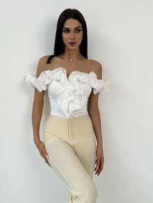 Aloruh Elegant Off Shoulder Sheer Bodysuit, Suitable For Commuting, Dating, Vacation, Wedding Season - White - View 3
