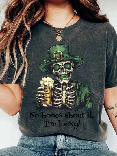 EMERY ROSE Women Skull Pattern Letter Slogan Round Neck Short Sleeve T-Shirt