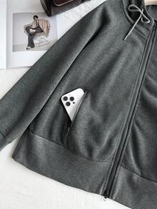 SHEIN EZwear 大码女式纯色休闲连帽拉链长袖修身卫衣，秋冬季女式连帽上衣卫衣灰色外套拉链卫衣 - 深灰色 - 查看 6