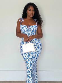 Alexandranx 女士花卉印花紧身性感时尚优雅派对度假节夏季连衣裙 - 藍色 - 查看 6