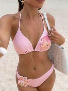Swim Mod Bộ đồ bơi 2 mảnh, vải trơn màu bóng họa tiết hoa, áo ngực tam giác hở lưng và quần cắt cao, bộ bikini gợi cảm, xuân/hè - Màu Hồng baby - Xem 7