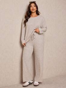 Elaquor Plus Size Women Solid Color Round Neck Long Sleeve T-Shirt And Pants Casual 2-Piece Set For Spring, Spring Outfits For Women - Khaki - View 6