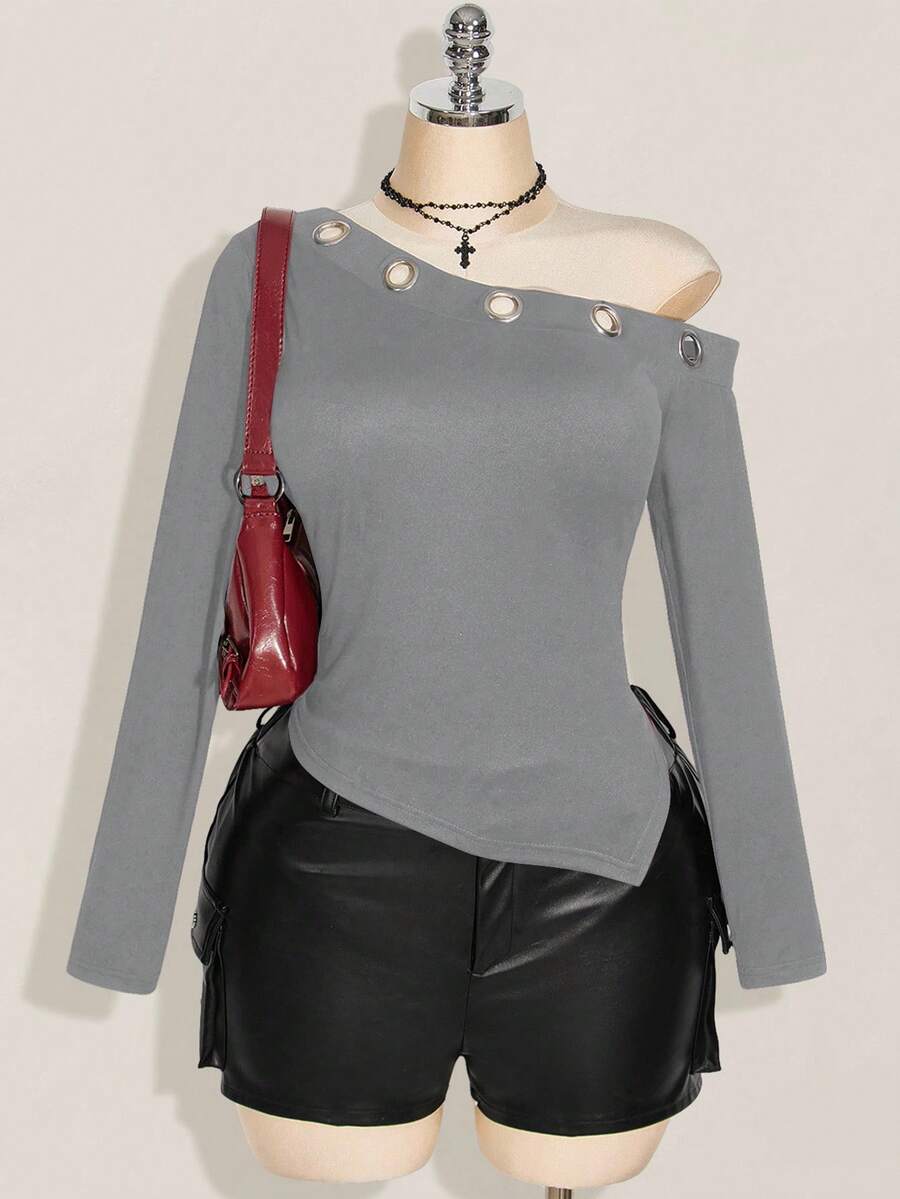 SHEIN ICON Áo len dệt kim tay dài đính lỗ kim loại chéo vai cỡ lớn, thời trang thu đông Y2K cổ điển - Màu Xám nhạt - Xem 1