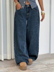 SHEIN PETITE 女士宽松版型带口袋阔腿休闲牛仔裤 - 藍色 - 查看 5