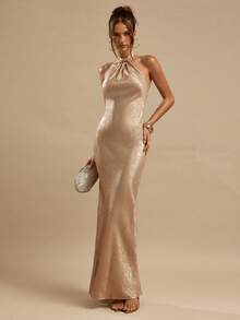 SHEIN BAE Gold Textured Backless Dress For Women, Elegant Summer Sexy Party Dress, Suitable For Nightclub, Brunch, Wedding Guest, Bridesmaid, Vacation Beach - Gold - View 4