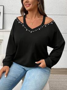EMERY ROSE Áo nỉ rộng hở vai cổ chữ V trang trí ngọc trai thanh lịch cho nữ cỡ lớn - màu đen - Xem 6