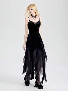 Breakform 女士哥特复古天鹅绒拼接不对称高低腰弹力长裙，适合外出、派对和节日活动 - 黑色 - 查看 6
