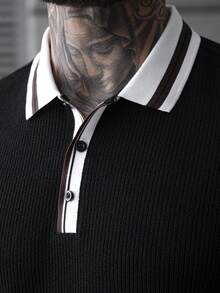 Manfinity CasualCool Men's Jacquard Knit Striped Trim Short Sleeve Polo Shirt, Casual Daily Wear, Hanging Out With Friends, And Relaxing Weekends, Versatile - Black - View 6