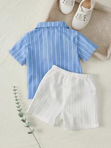 Cozy Pixies Bộ 2 áo cardigan tay ngắn cổ sọc cho bé trai và quần short lưng thun màu trơn - Nhiều màu - Xem 2