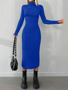 EURMUSE Solid High Neck Bodycon Sweater Dress Without Belt - Blue - View 5