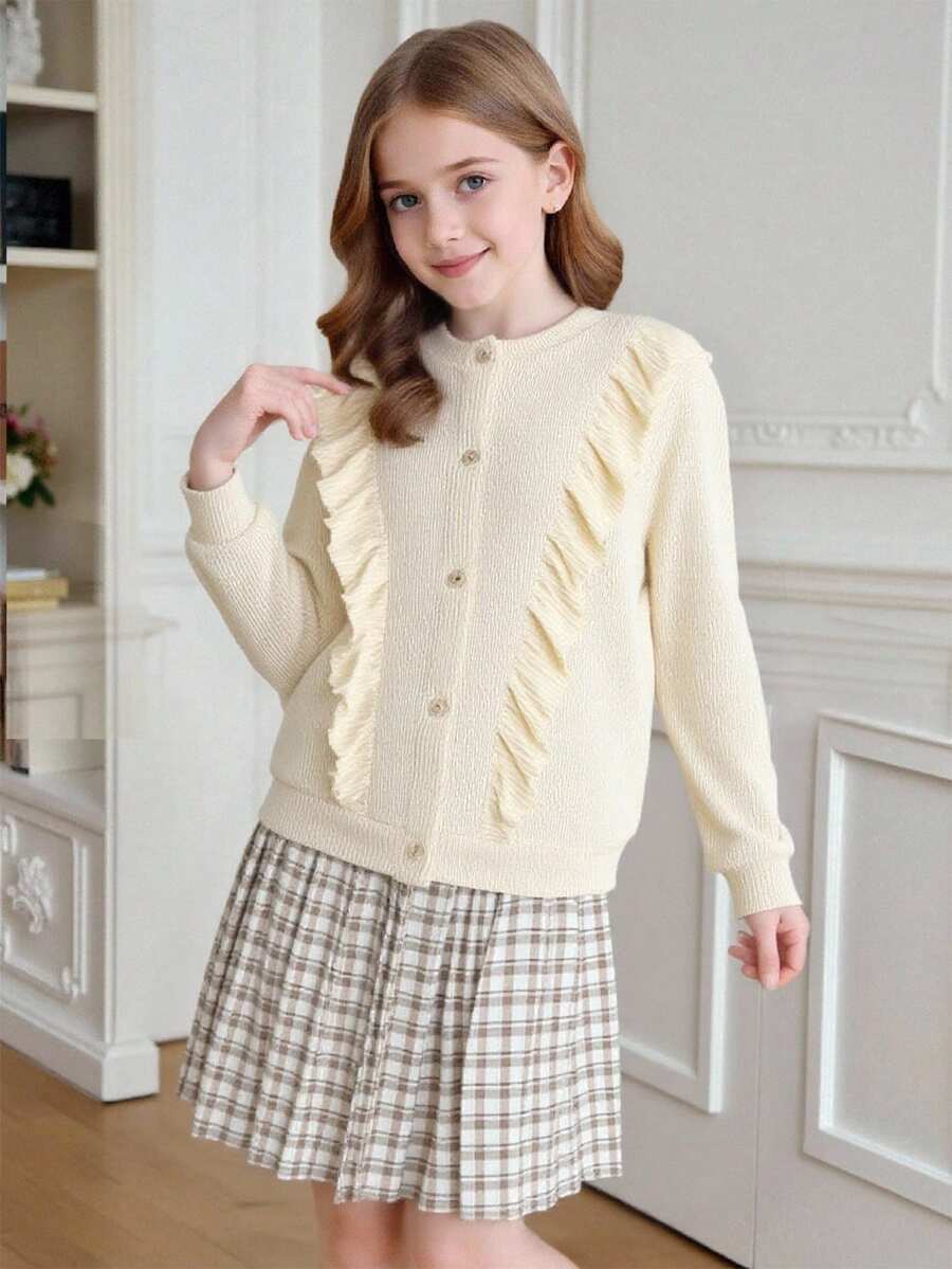 Elladie kids Tween Girls Fashionable Sweet School Style Floral Ruffle Long Sleeve Top Paired With Plaid Pleated Skirt, Casual Minimalist Apricot Jacket Set - Apricot - View 1