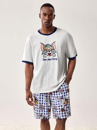 TOM & JERRY X SHEIN Men's Comfortable Cartoon Pattern Trim Short Sleeve T-Shirt And Shorts Loungewear Set, Summer