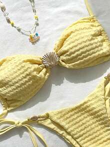 Swim Mod Women's Jacquard Fabric Spaghetti Strap Metal Shell Decor Bikini Set, Spring/Summer - Yellow - View 3