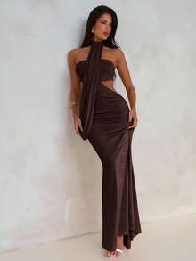 Aloruh Women's Asymmetric Wrap Dress With Flowy Ties, Bodycon Mermaid Hem, Suitable For Spring/Summer Vacation - Chocolate Brown - View 5