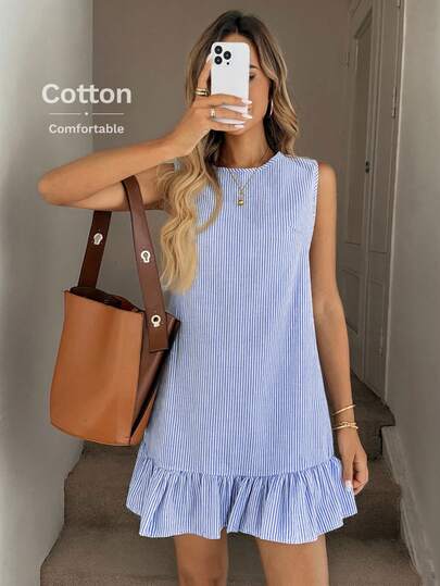 SHEIN LUNE 女式蓝白条纹荷叶边下摆无袖圆领迷你连衣裙