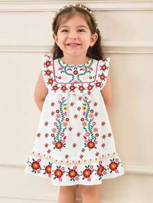 SHEIN Cute Floral Print, Baby Girls Flower Print Casual Dress, Suitable For Summer - Multicolor - View 3