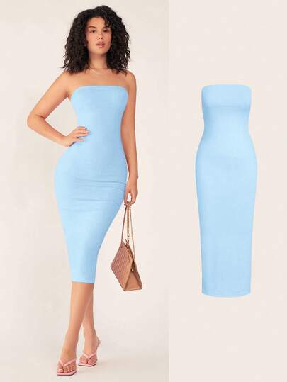 SHEIN BASICS Women'S Strapless Slim Fit Bodycon Casual Dinner Dress