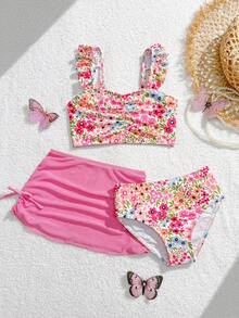 3件套少女短袖碎花荷叶边泳衣套装，中国风比基尼