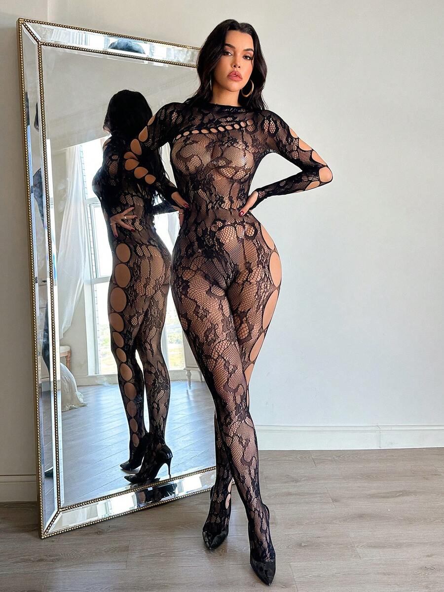 Women's Sexy Lingerie Bodysuit, Long Sleeve Backless Sheer Mesh Bodysuit In Black - Black - View 1