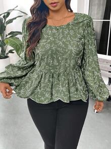 SHEIN Frenchy Áo kiểu nữ cỡ lớn, thời trang, đa năng, thêu họa tiết, buộc dây sau lưng, bèo nhún, phối màu xanh dương và trắng, tay dài. - màu xanh lá - Xem 6