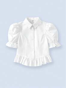SHEIN 少女百搭纯色梭织翻领泡泡袖短袖修身荷叶边下摆白色衬衫,纽扣腰袖复古尖领前弧下摆白色衬衫,返校夏季上衣少女娃娃衫白色上衣白色衬衫长袖上衣可爱上衣返校季母女装。 - 白色 - 查看 3