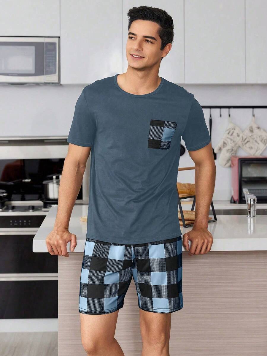 Plaid Print Men's 2-Piece Pajama Set - Dusty Blue - View 1