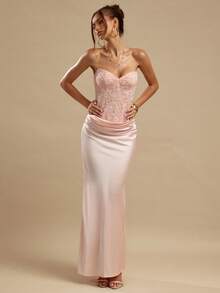 SHEIN BAE 春夏纯色蜜桃色无肩带修身胸衣连衣裙，饰有串珠美人鱼裙摆，优雅粉色迷你鸡尾酒裙，缎面夏季连衣裙，优雅连衣裙，海滩度假连衣裙，生日派对连衣裙，婚礼宾客礼服，早午餐连衣裙 - 粉色 - 查看 5