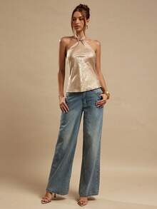 SHEIN BAE 金色纹理露背吊带优雅女式上衣，夏季性感上衣，适合夜店派对、郊游、海滩度假、早午餐、婚礼宾客等场合穿着。 - 金色 - 查看 5