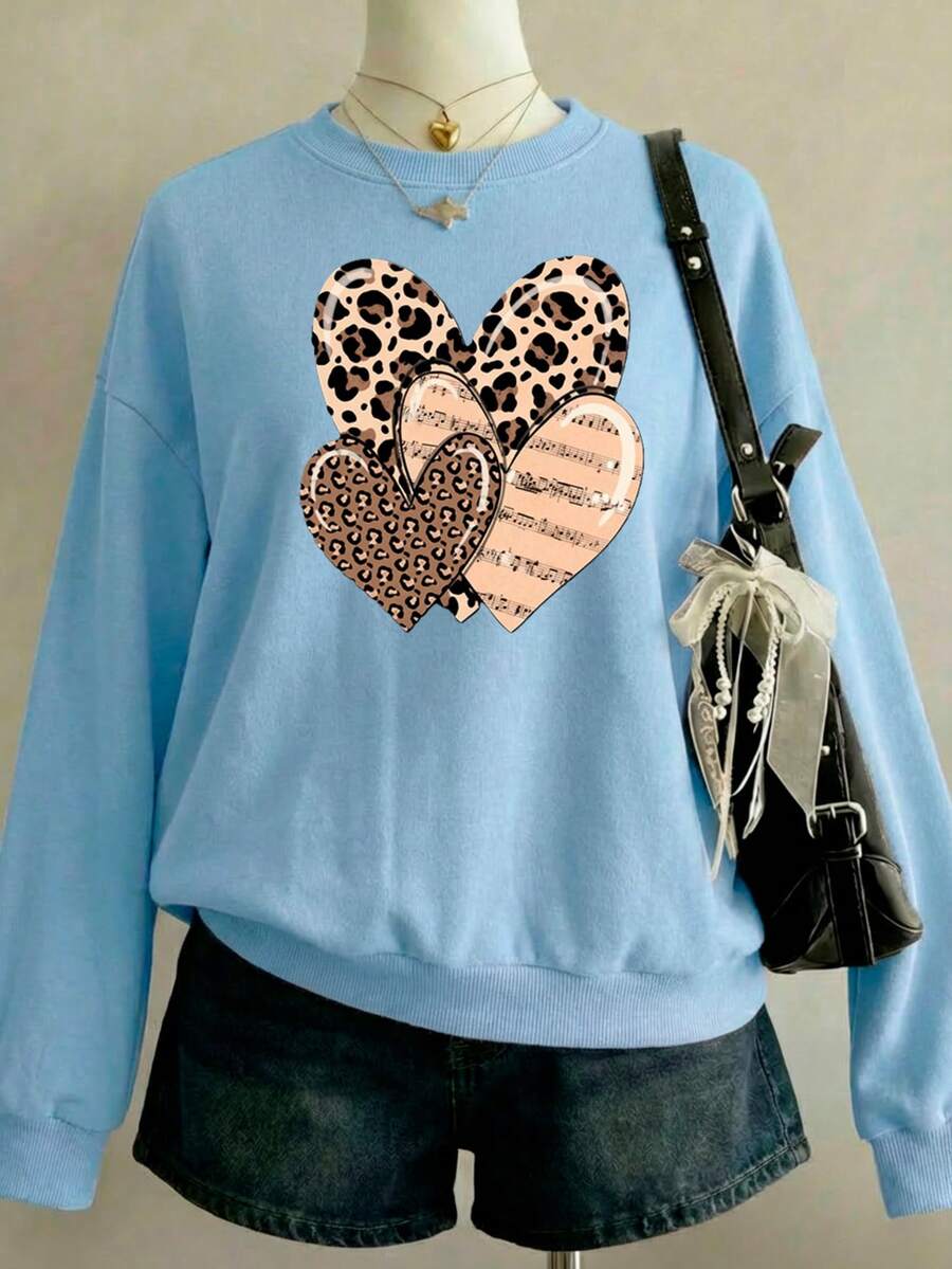 Sudadera para mujer estampado corazones animal print cuello redondo y puños estampado calientita para el invierno otoño primavera - cielo - Ver 1