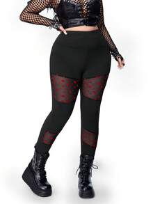 Whyspr Valentines Casual Punk Valentine's Day Heart Mesh Sheer Patchwork Elastic Fitted Plus Size Leggings - Black - View 4