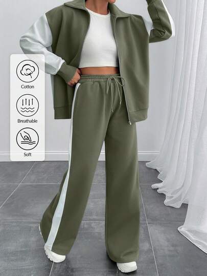 EURMUSE Damtröja med hög hals och dragkedja i kontrastfärg och mjukisbyxor