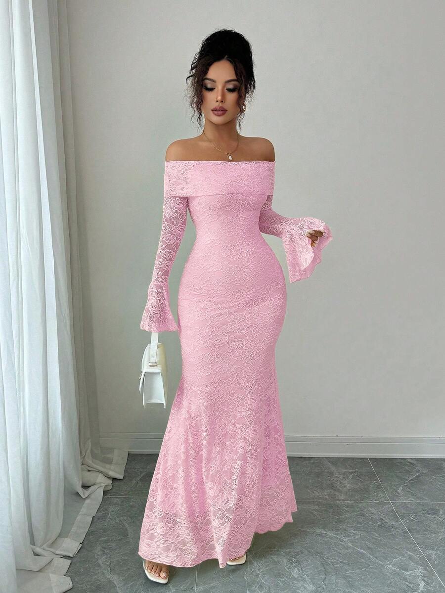 Rafferiza Elegant Fashion Young Minimalist Versatile Fitted Off-Shoulder Flared Sleeve Mermaid Midi Dress For Women, Autumn - Pink - View 1
