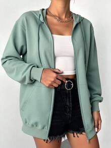 EURMUSE 100%Cotton Solid Zip Up Drawstring Hoodie - Green - View 5