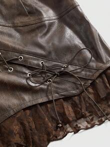 ROMWE Hippie 复古水洗PU皮革撞色蕾丝系带腰女裙 - 咖啡棕 - 查看 3