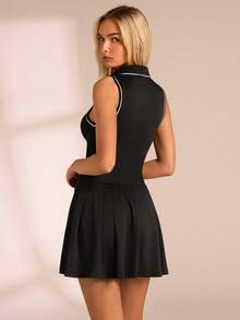 SHEIN Glamour Elegant Black And White Sleeveless Mini A Line Pleated Dress With Shirt Collar - Black and White - View 3