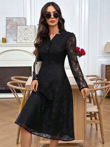 EMERY ROSE Đầm ren thanh lịch thiết kế cổ chữ V đính nút cho nữ - màu đen - Xem 5