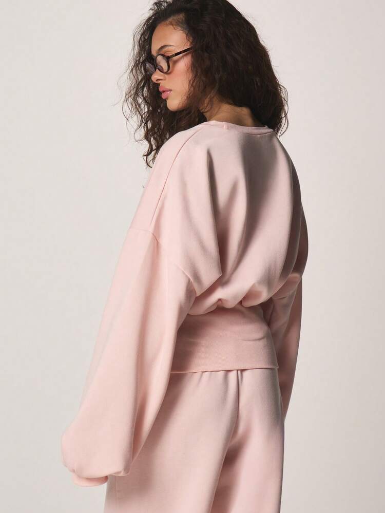 MISSGUIDED Oversized Crew Neck Sweatshirt With Cinched Waist Belt Balloon Sleeves Soft Knit Pullover Relaxed Fit Casual Long Sleeve Pink Top