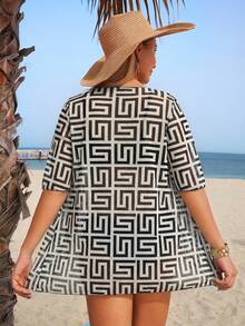 Swim Lushoire 3pcs Women Black Crop Bikini Top, Mesh Kimono Cover Up & Shorts Beach Outfit Set - Multicolor - View 2