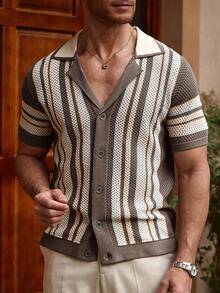 Manfinity CityGents Men's Fashionable Casual Holiday Button-Up Short Sleeve Knit Top - Khaki - View 5