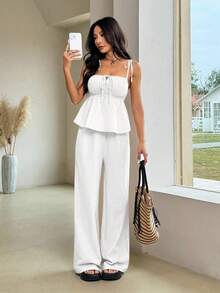 Comfortcana Woven White Linen Tank Top And Pants Set - White - View 3