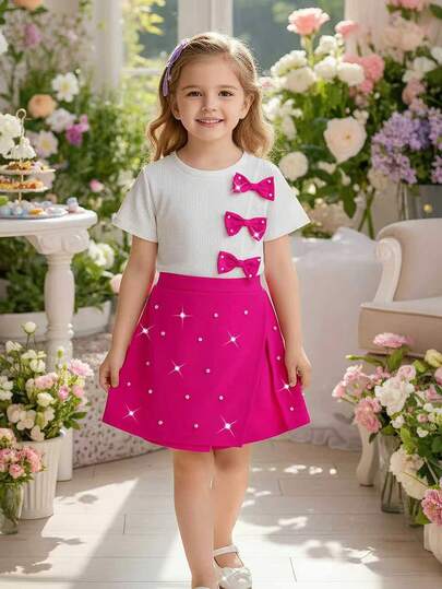 Conjunto de 2 piezas para niñas jóvenes: Camiseta de manga corta con textura de gofre blanca con decoración de lazo de perla fucsia + Pantalones cortos con bordado de perla fucsia con abertura lateral, conjunto diario dulce y elegante, verano