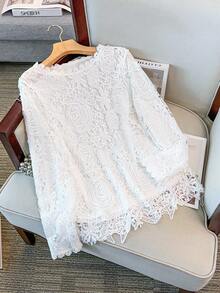 SHEIN CURVE+ Áo ren cổ tròn màu trơn thanh lịch cỡ lớn cho nữ, áo dài tay cho mùa thu - trắng - Xem 5