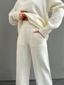 EURMUSE Ladies' Solid Color Round Neck Drop Shoulder Sweater And Pants Set - White - View 3