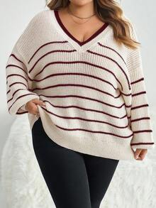 SHEIN CURVE+ 大码蝴蝶结露背毛衣，条纹图案套头衫，秋冬女装 - 酒紅色 - 查看 2