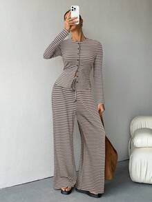 SHEIN Tall 两件套女士休闲条纹印花纽扣T恤和抽绳阔腿裤套装，适合春夏穿着 - 彩色 - 查看 5