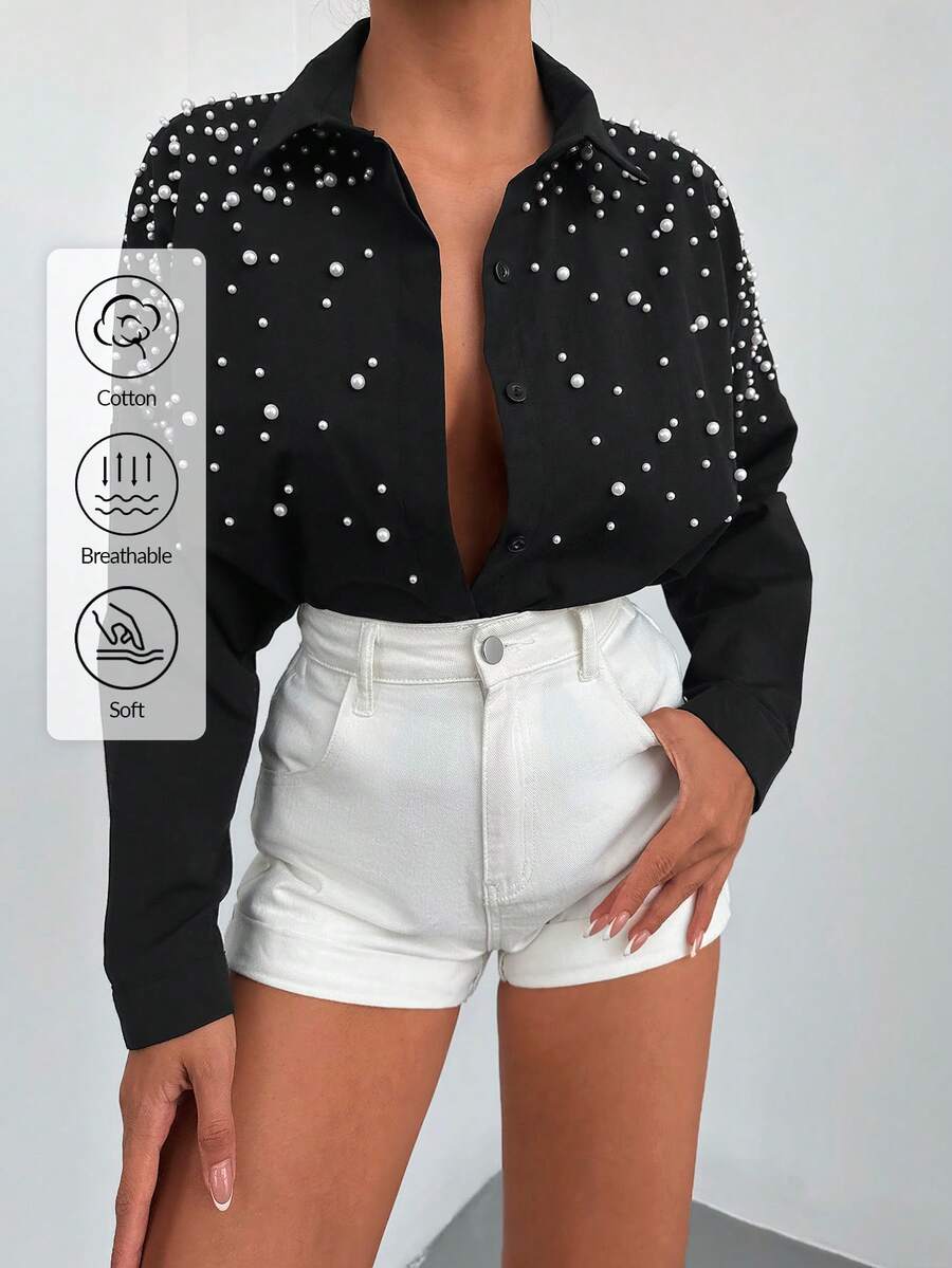 EURMUSE 100%Cotton Pearls Beaded Drop Shoulder Shirt - Black - View 1
