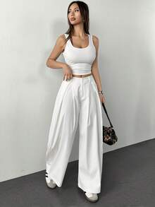 SHEIN PETITE 女士夏季复古休闲街头风外出宽松军绿色弧形裤脚长裤白色阔腿裤 - 白色 - 查看 4