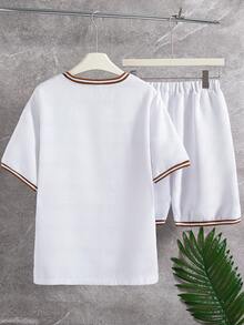 2pcs/Set Teenage Boys Casual Textured Floral Pattern T-Shirt Set, Ribbed Trim Splice Design, Suitable For Daily, Commute, Vacation And Leisure Wear Two Piece Boy Sets - White - View 3